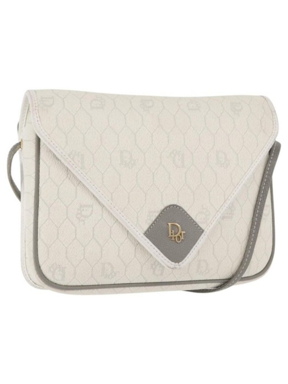 Authentic Christian Dior Honeycomb Canvas Shoulder Bag PVC White Gold